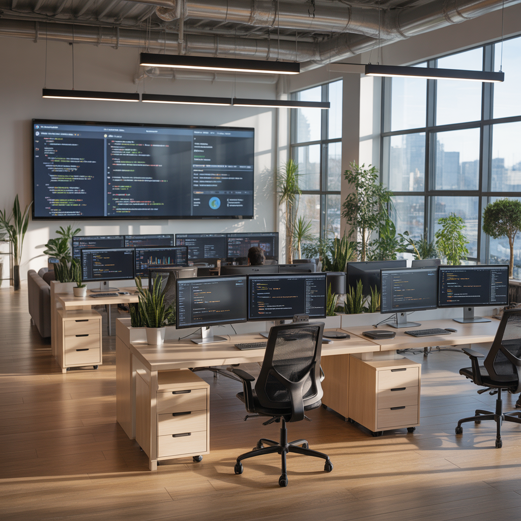 A panoramic view of a modern co-working space with large monitors displaying code and analytics dashboards, natural light streaming through floor-to-ceiling windows, minimalist furniture, plants on desks